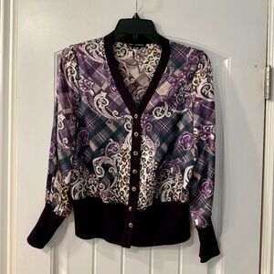 St. John Knit Cardigan Jacket – Paisley & Plaid Print